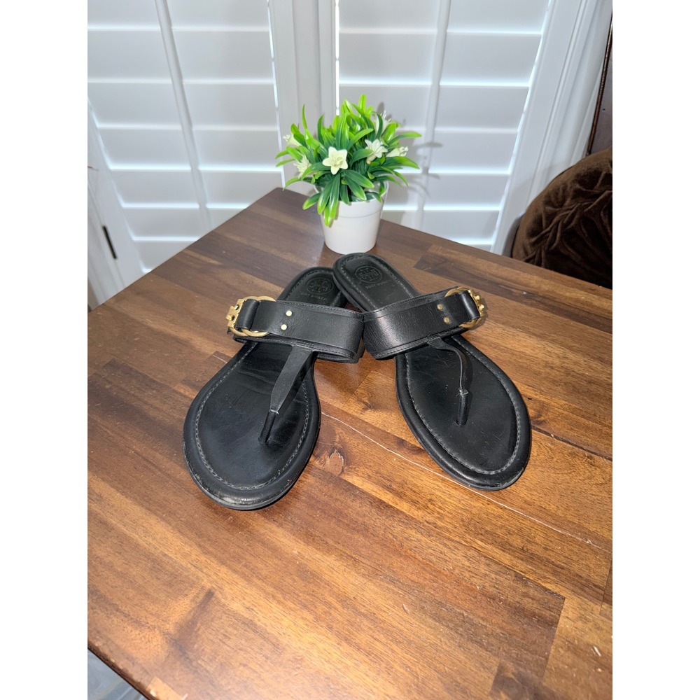 Tory Burch Black Leather Thong Sandals Gold Logo Buckle Flat Slides Womens 9.5